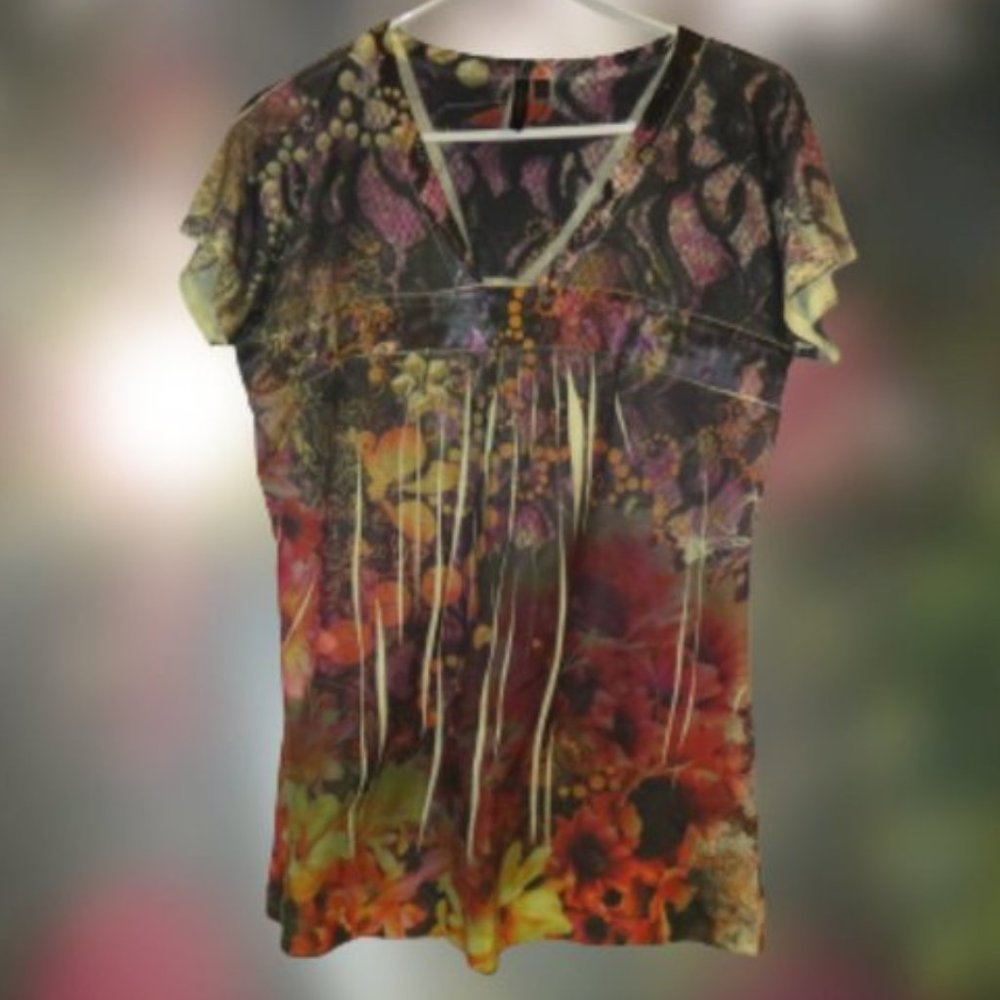 Susan Lawrence Colorful Floral V-Neck Top